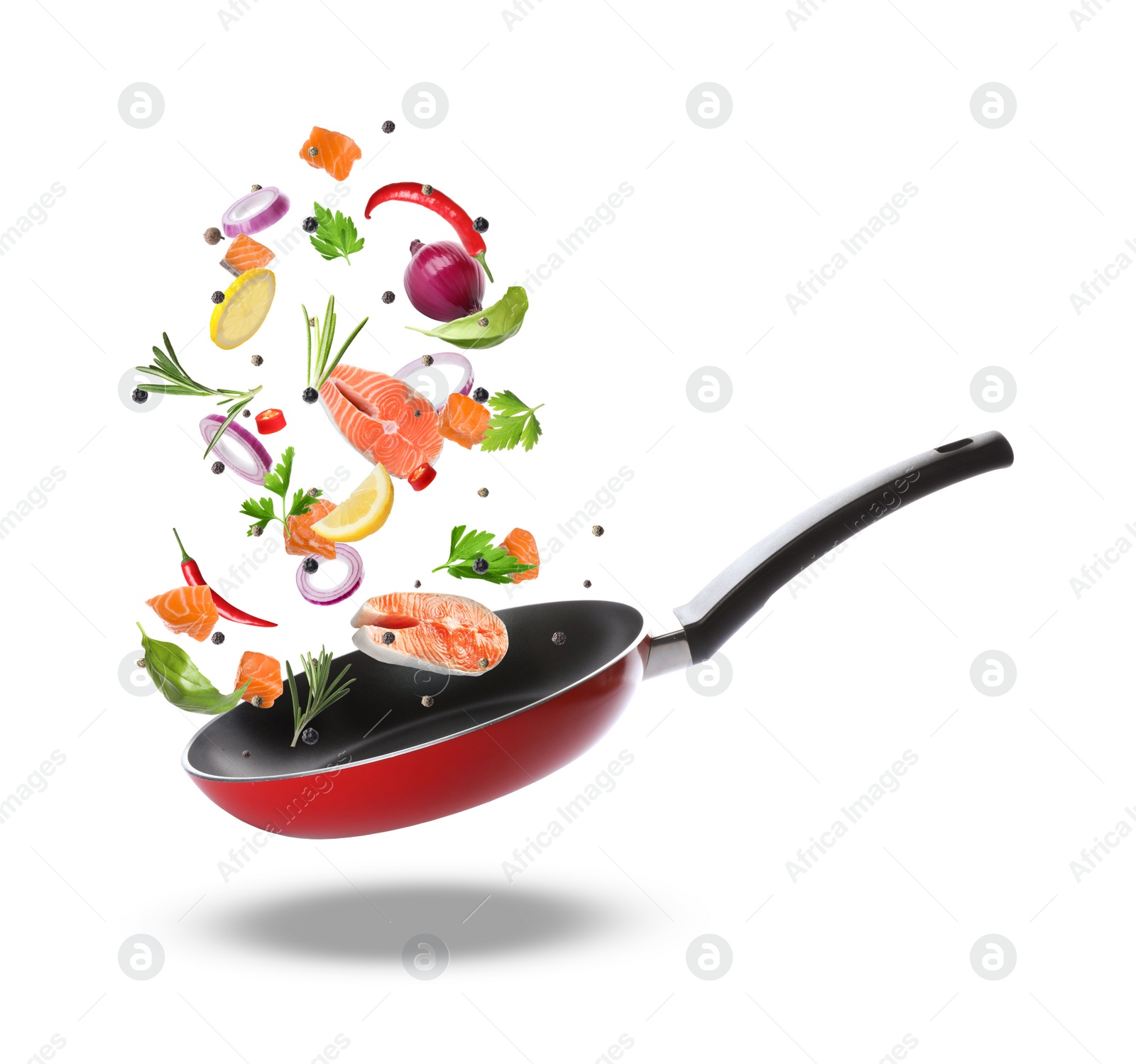 Image of Tasty fresh ingredients and frying pan on white background