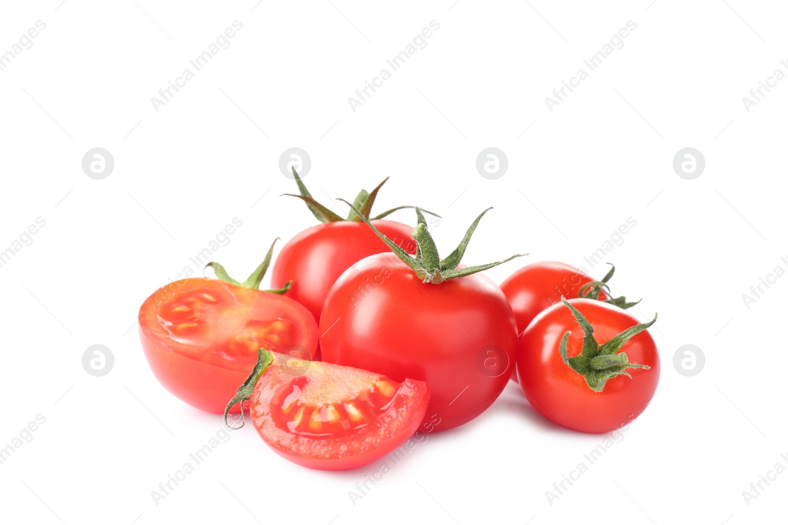 Photo of Tasty fresh raw tomatoes isolated on white