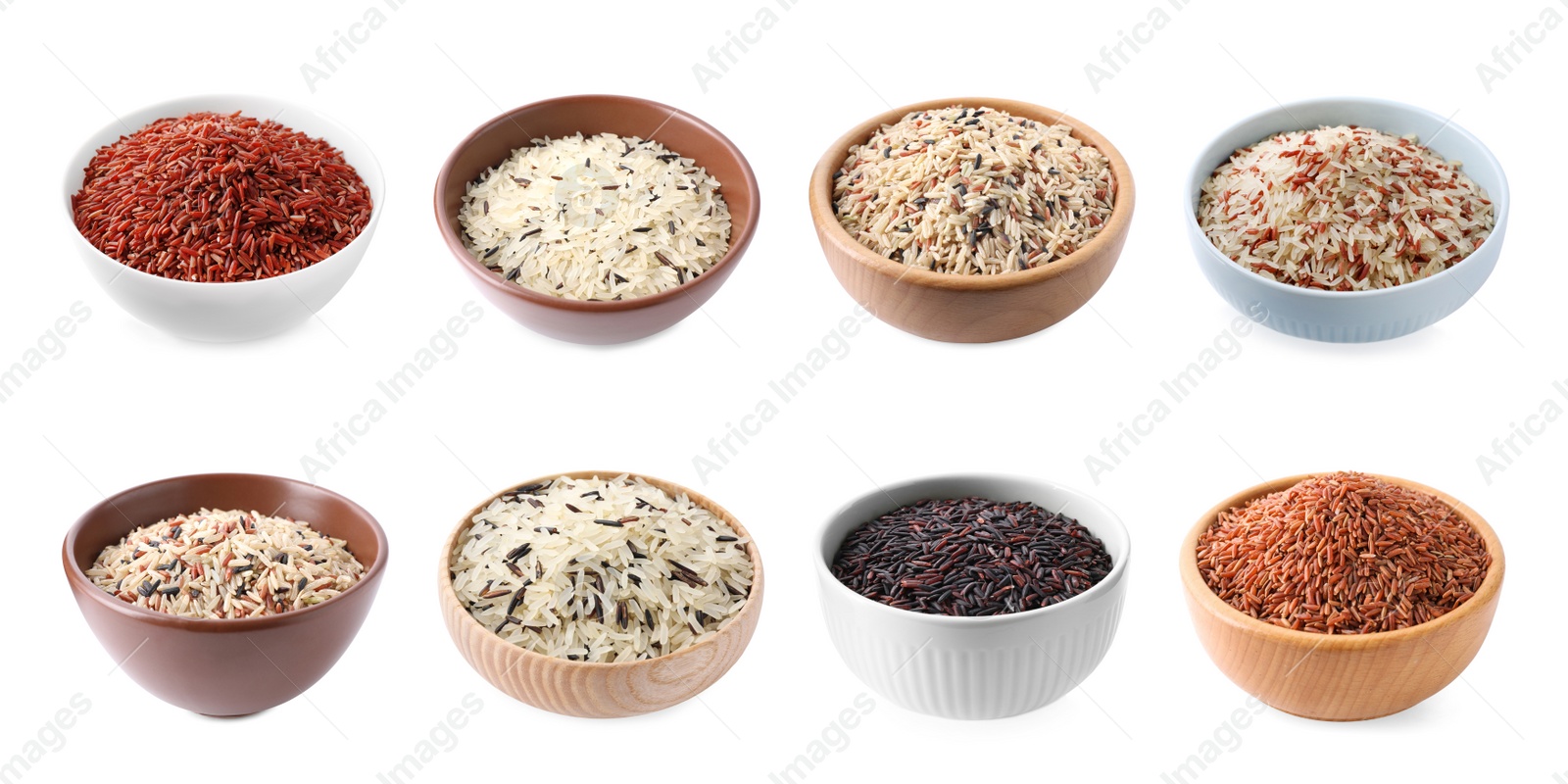 Image of Set with different types of rice in bowls on white background. Banner design
