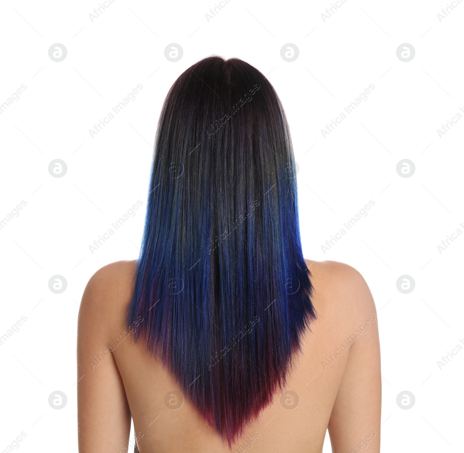 Photo of Young woman with bright dyed hair on white background, back view