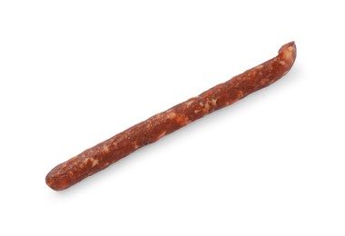 Thin dry smoked sausage isolated on white, top view