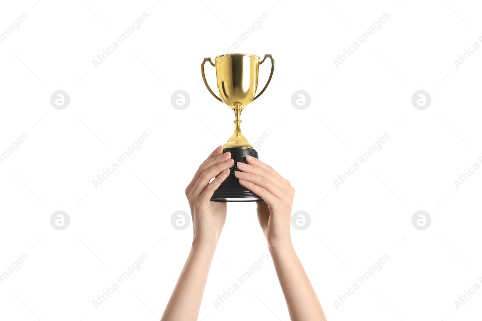 Photo of Woman holding gold trophy cup on white background, closeup