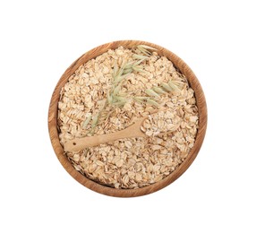 Photo of Bowl with scoop of oatmeal and florets isolated on white, top view