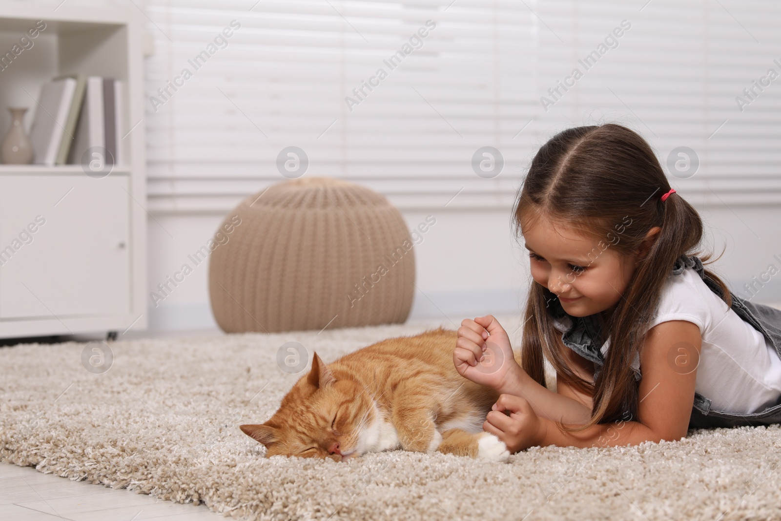 Photo of Smiling little girl and cute ginger cat on carpet at home, space for text