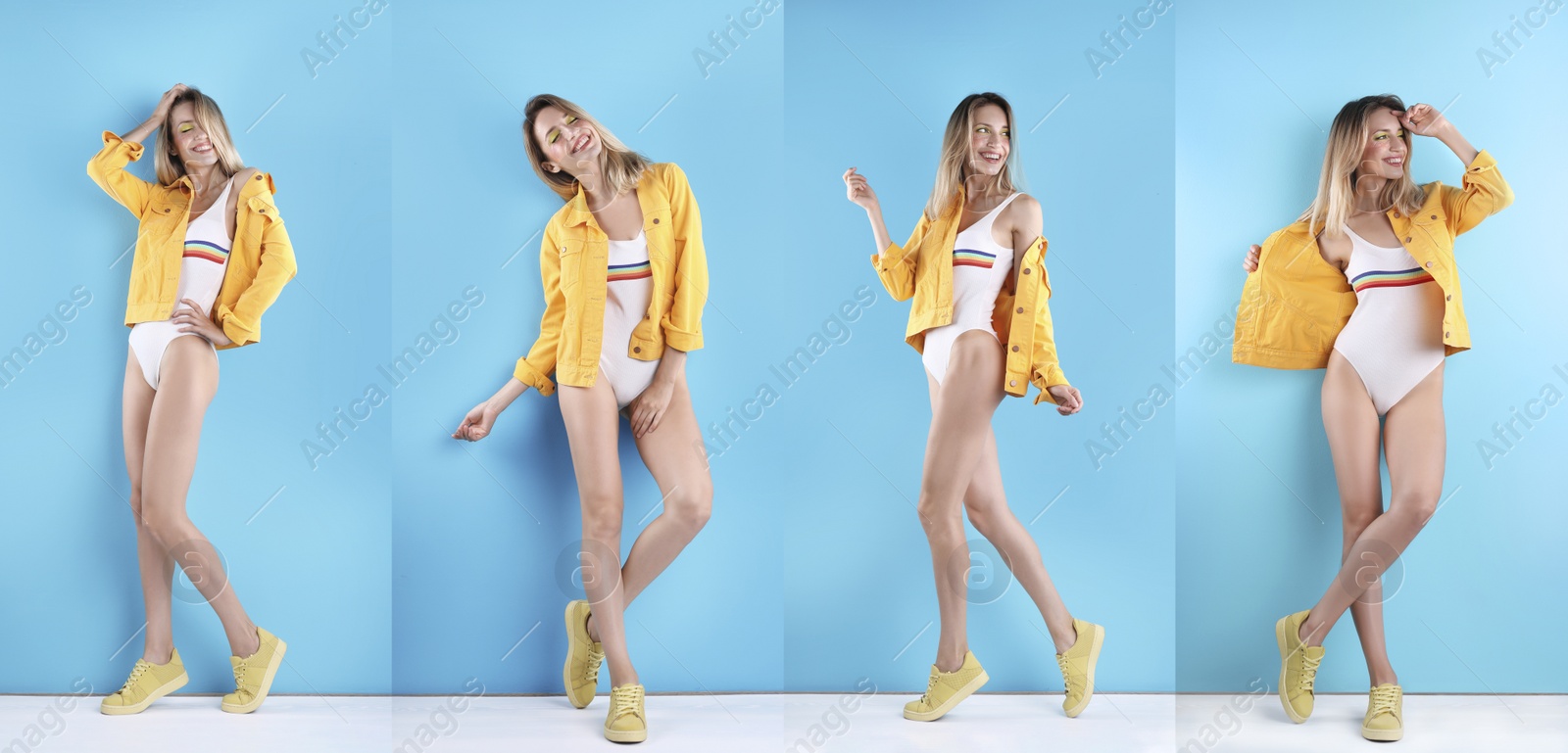 Image of Collage of beautiful young woman posing near color wall