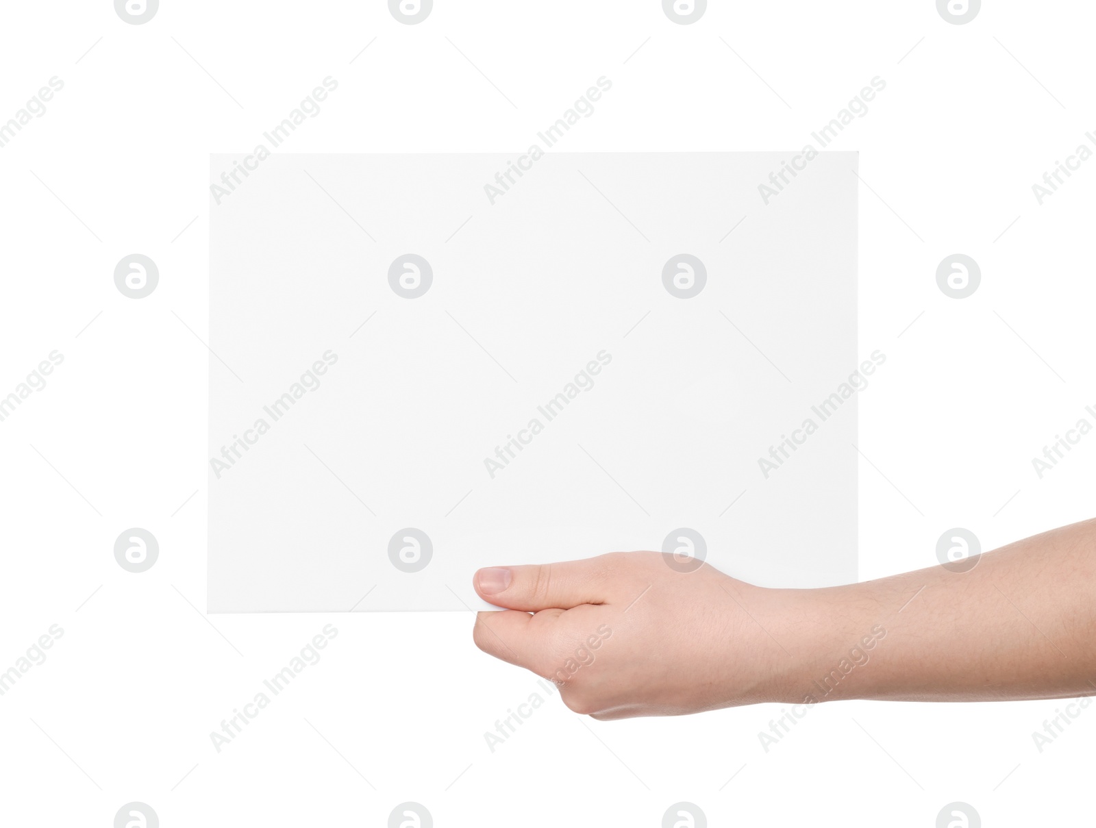 Photo of Woman holding sheet of paper on white background, closeup. Mockup for design