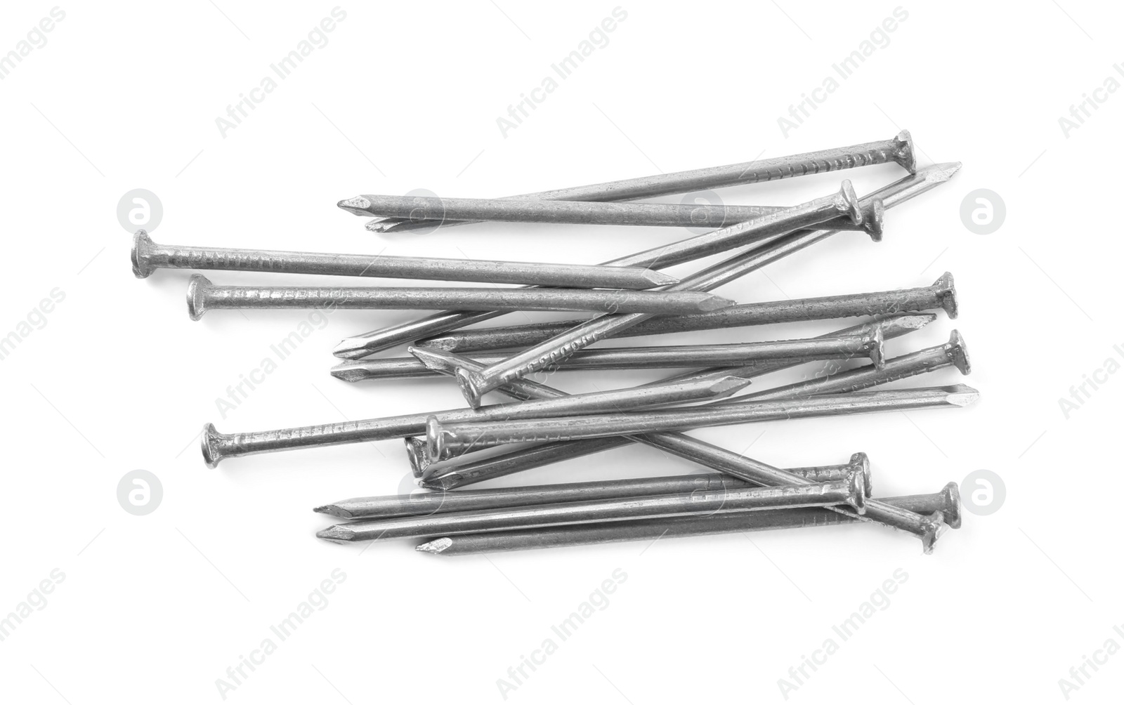 Photo of Pile of metal nails on white background, top view