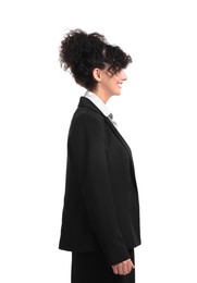 Young businesswoman in suit standing on white background