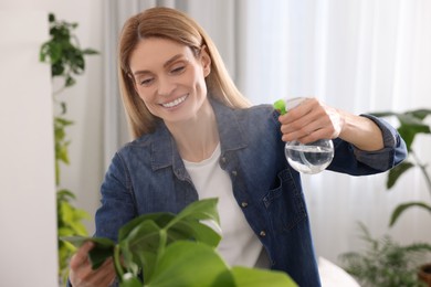 Woman spraying beautiful houseplants with water at home