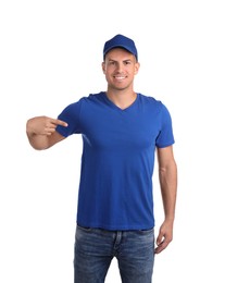 Happy man in blue cap and tshirt on white background. Mockup for design