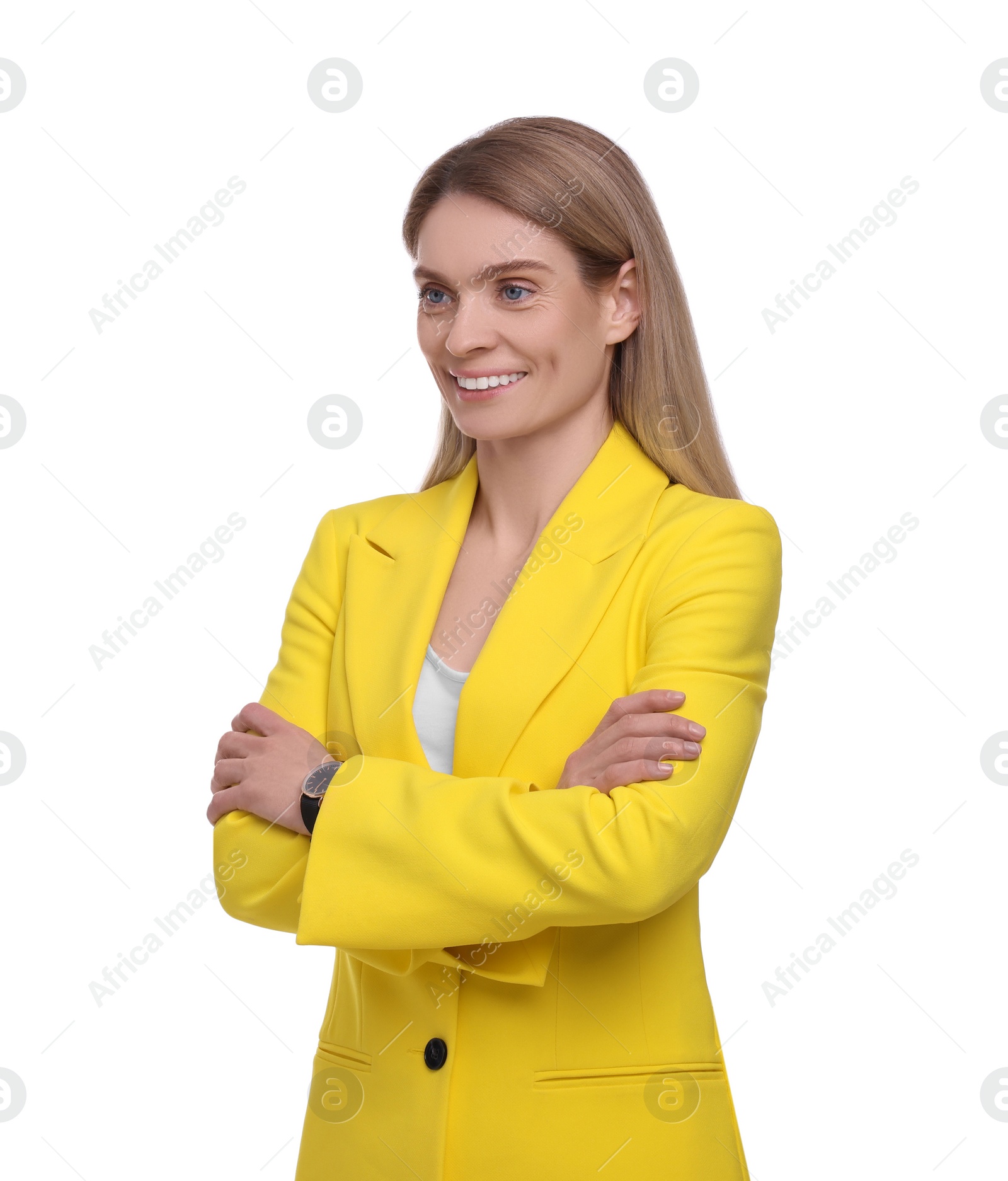 Photo of Beautiful happy businesswoman crossing arms on white background