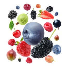Image of Many different fresh berries falling on white background