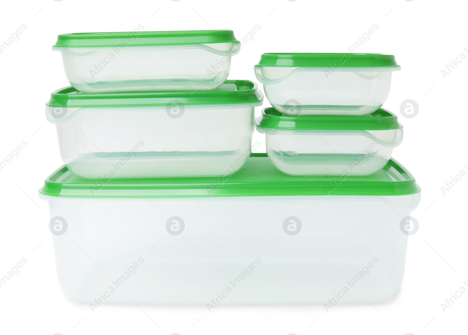 Photo of Empty plastic containers on white background. Food storage