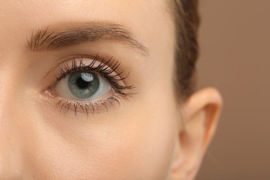 Photo of Woman with long eyelashes after mascara applying, closeup