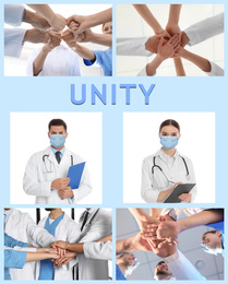 Image of Unity concept. Collage with team of doctors wearing medical masks