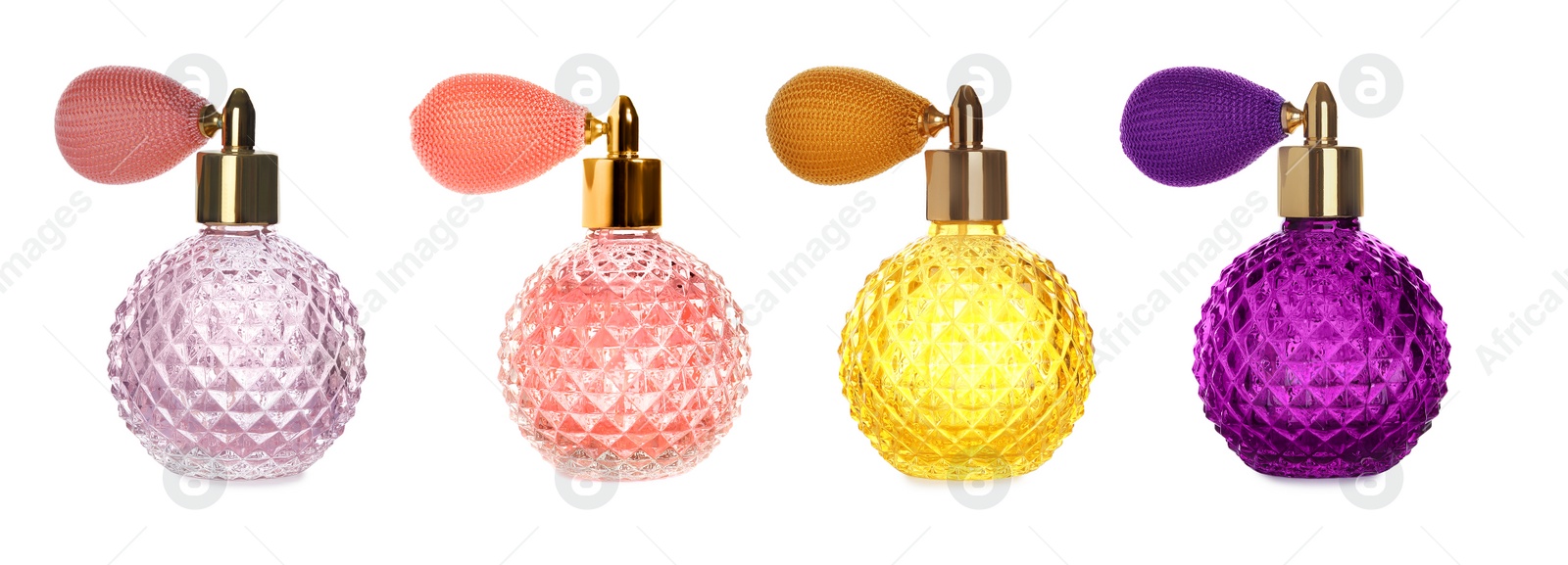 Image of Set with different bottles of perfume on white background, banner design 