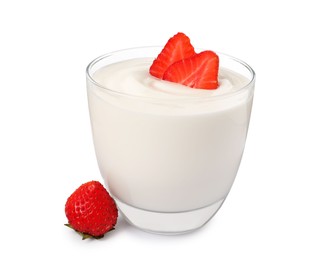 Photo of Glassdelicious yogurt and strawberries on white background