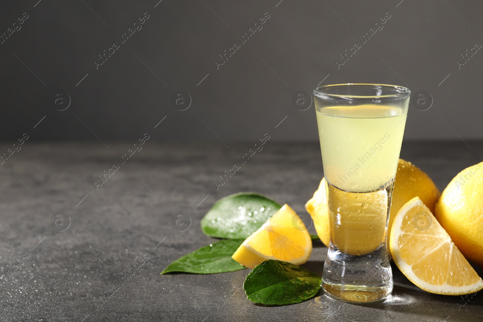 Photo of Tasty limoncello liqueur, lemons and green leaves on grey table, closeup. Space for text