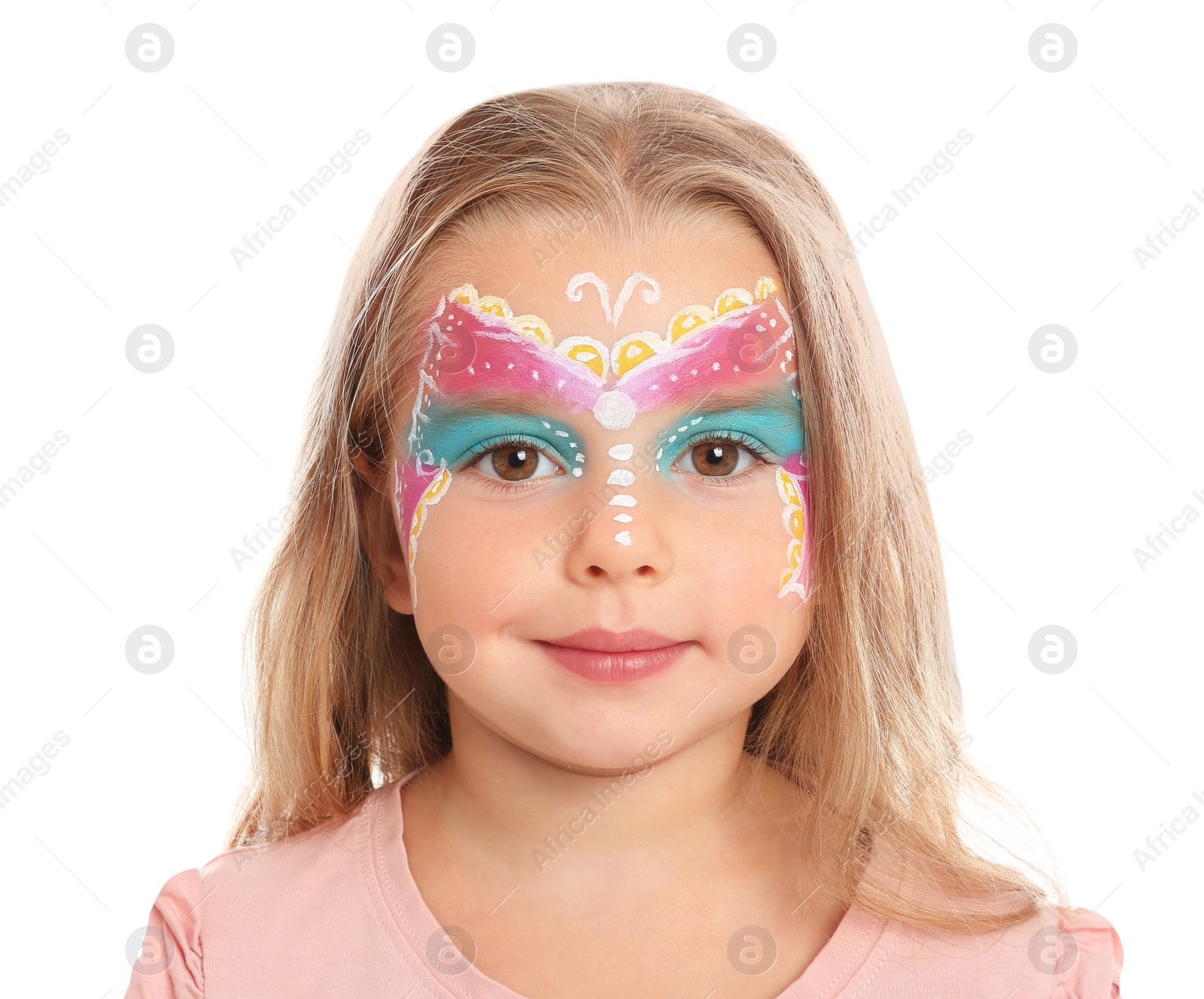 Photo of Cute little girl with face painting on white background