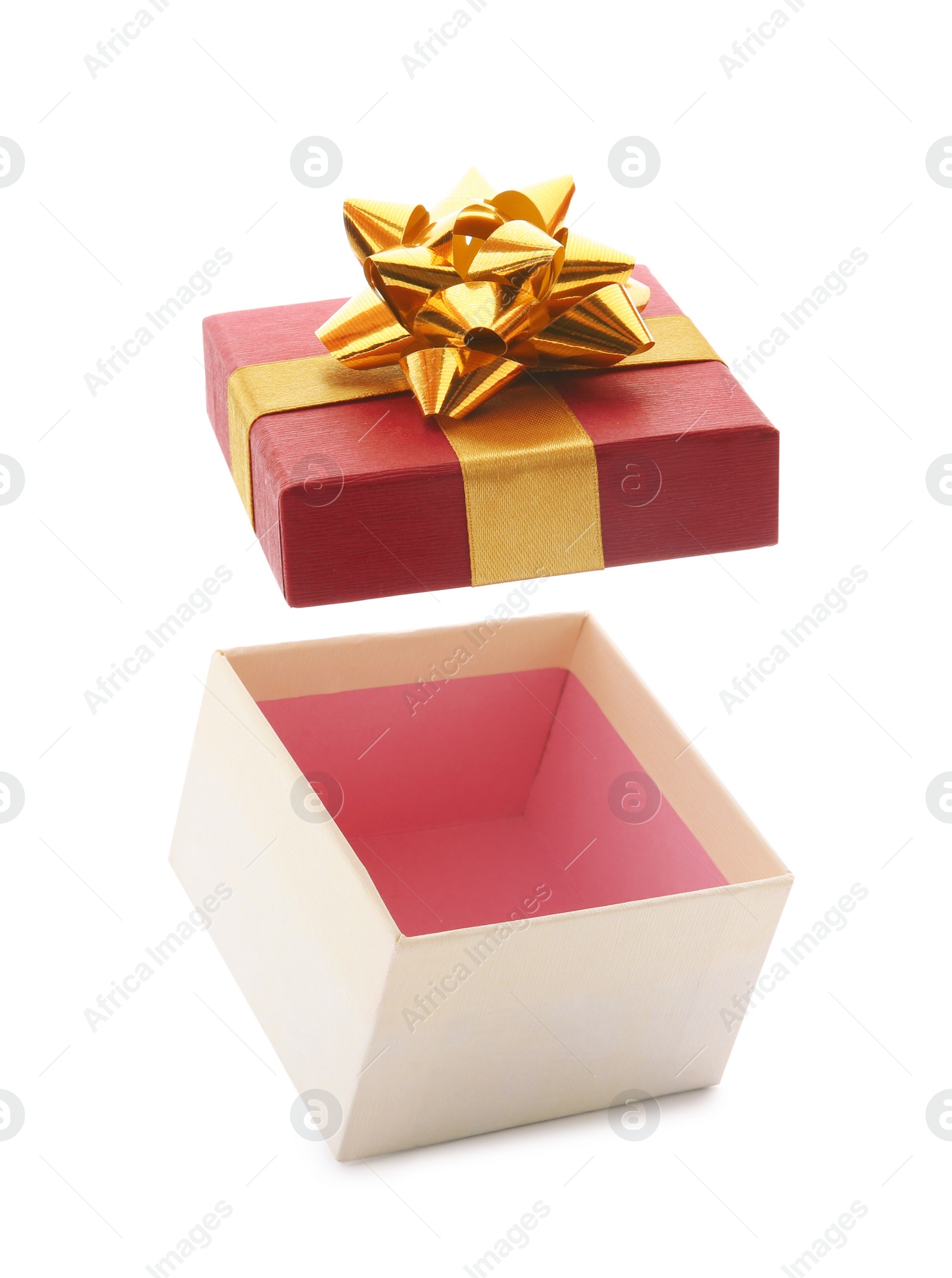 Photo of Open empty gift box with bow on white background