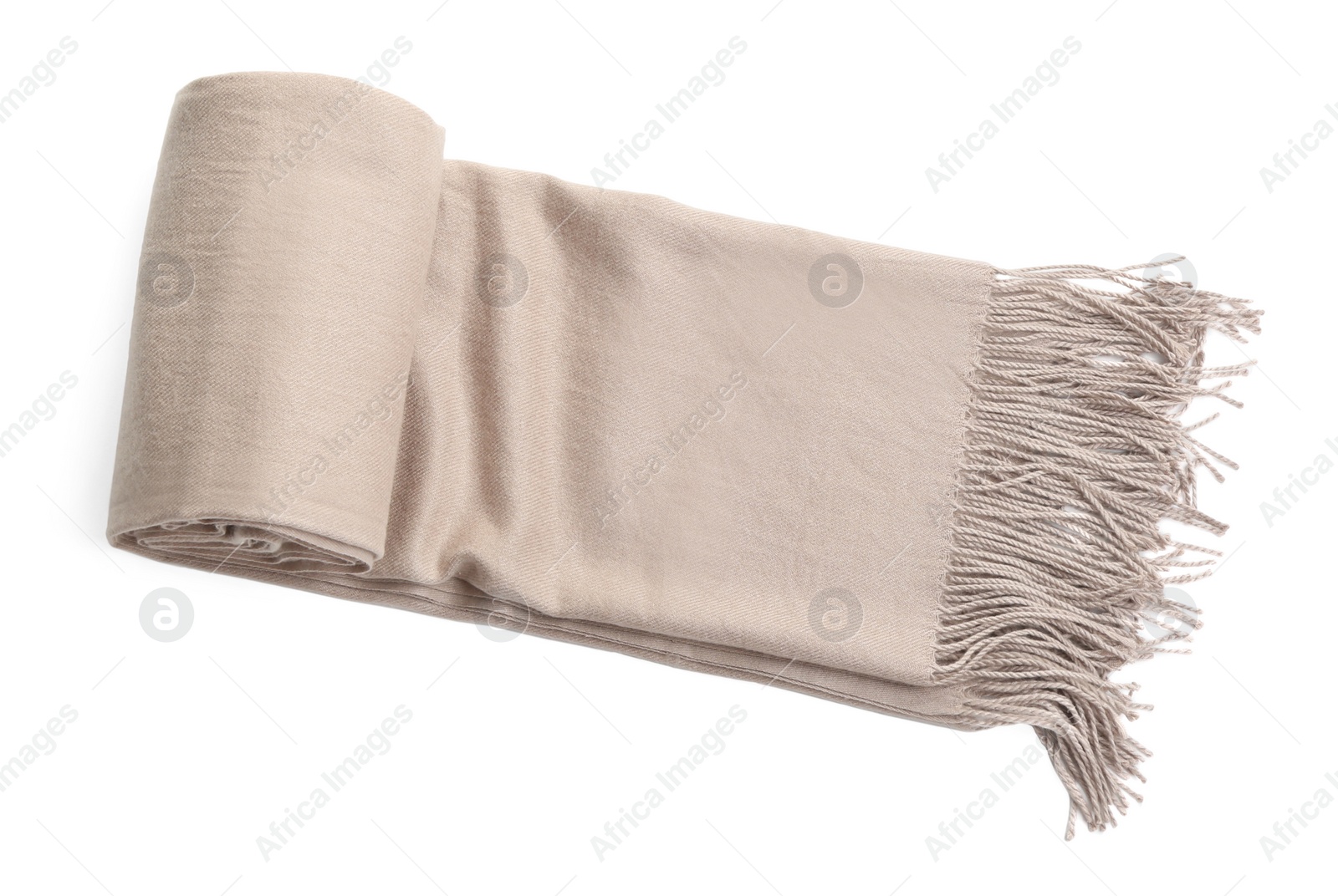 Photo of Stylish scarf on white background, top view