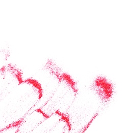 Photo of Red glitter on white background, top view