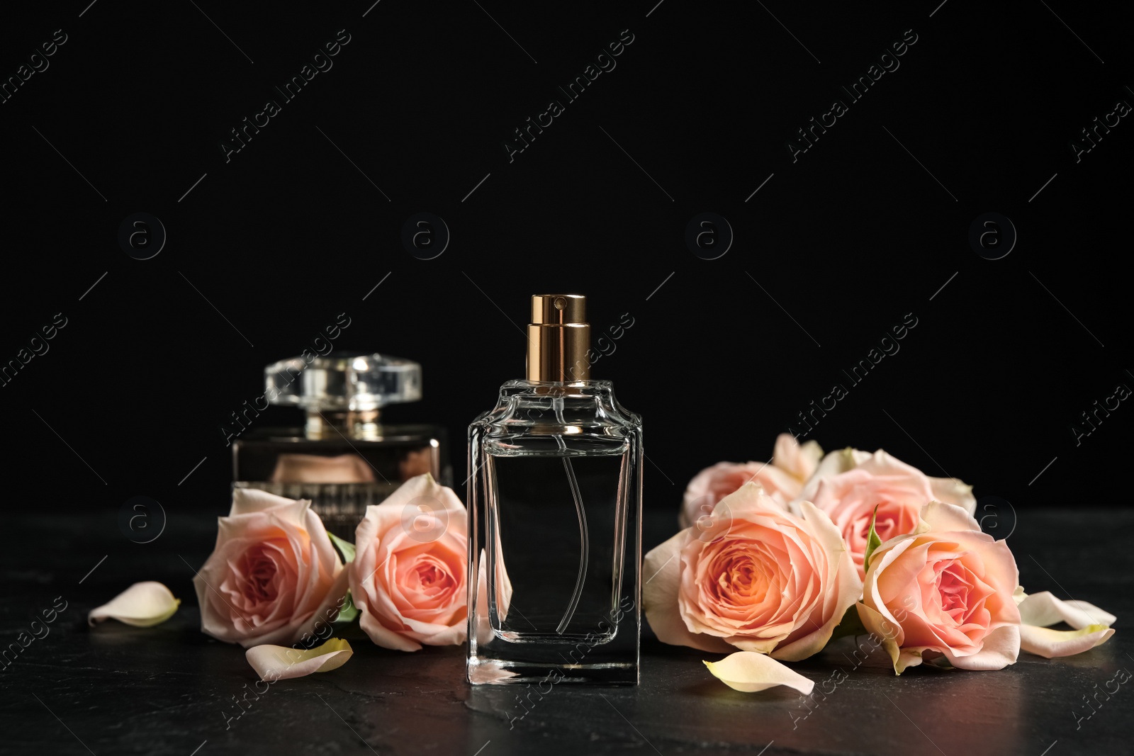 Photo of Bottle of perfume and beautiful roses on black table