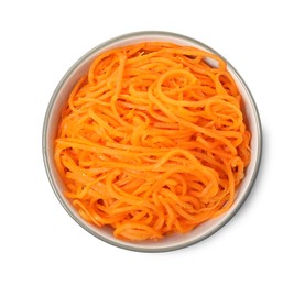 Photo of Delicious Korean carrot salad in bowl isolated on white, top view