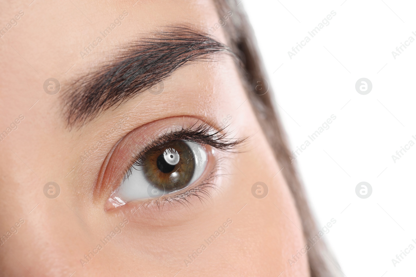 Photo of Young woman with beautiful natural eyelashes on white background, closeup view