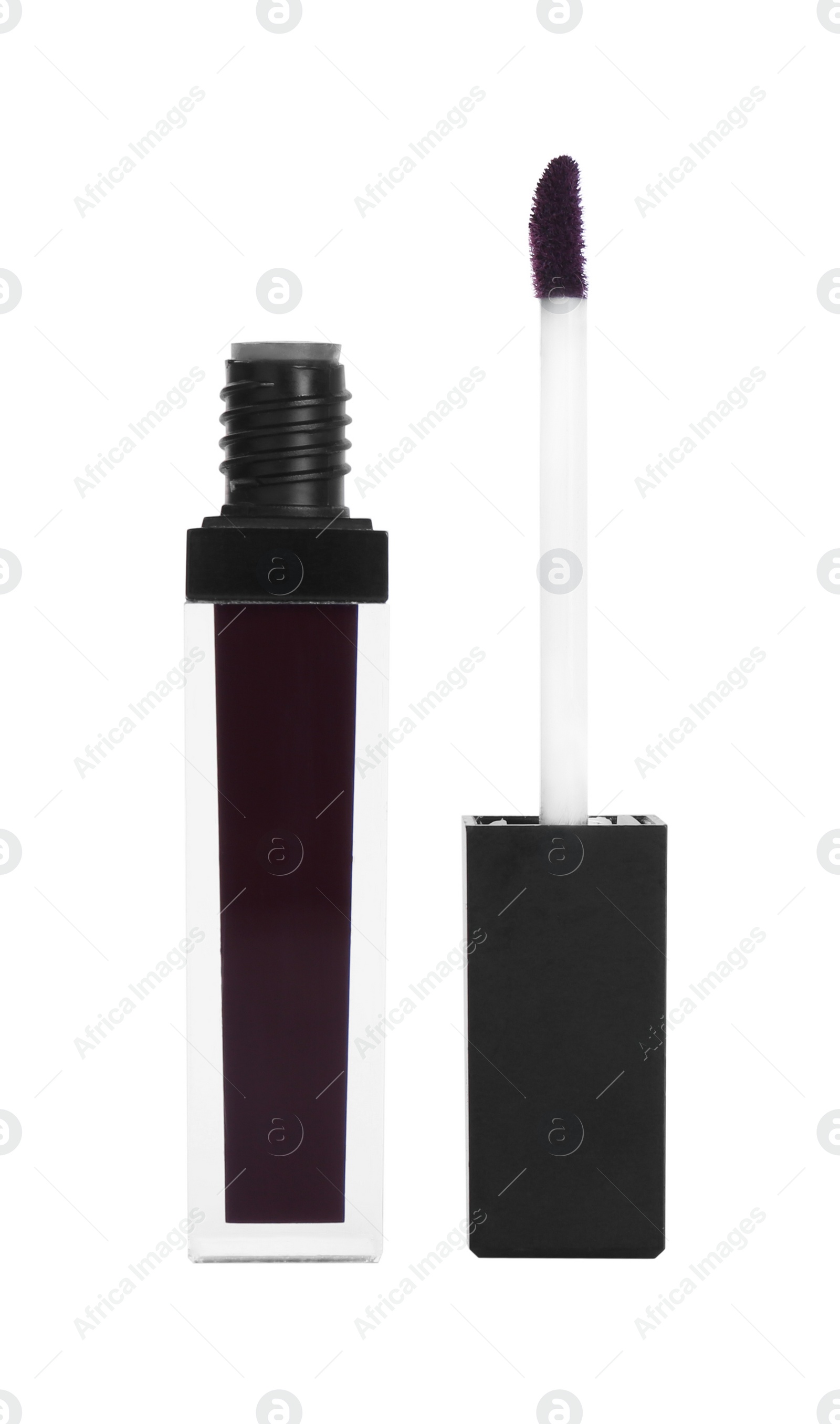 Photo of Dark lip gloss and applicator isolated on white. Cosmetic product