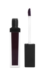 Dark lip gloss and applicator isolated on white. Cosmetic product