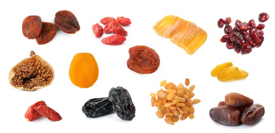 Image of Set with different tasty dried fruits on white background. Banner design