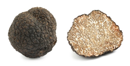 Image of Expensive delicious black truffles on white background, collage. Banner design