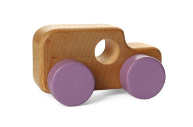 Photo of One wooden car isolated on white. Children's toy