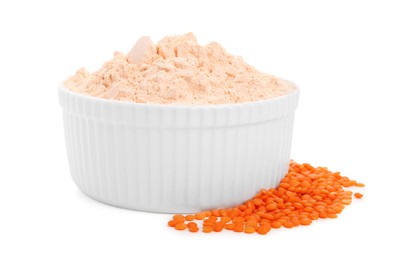 Photo of Bowl with lentil flour and grains on white background