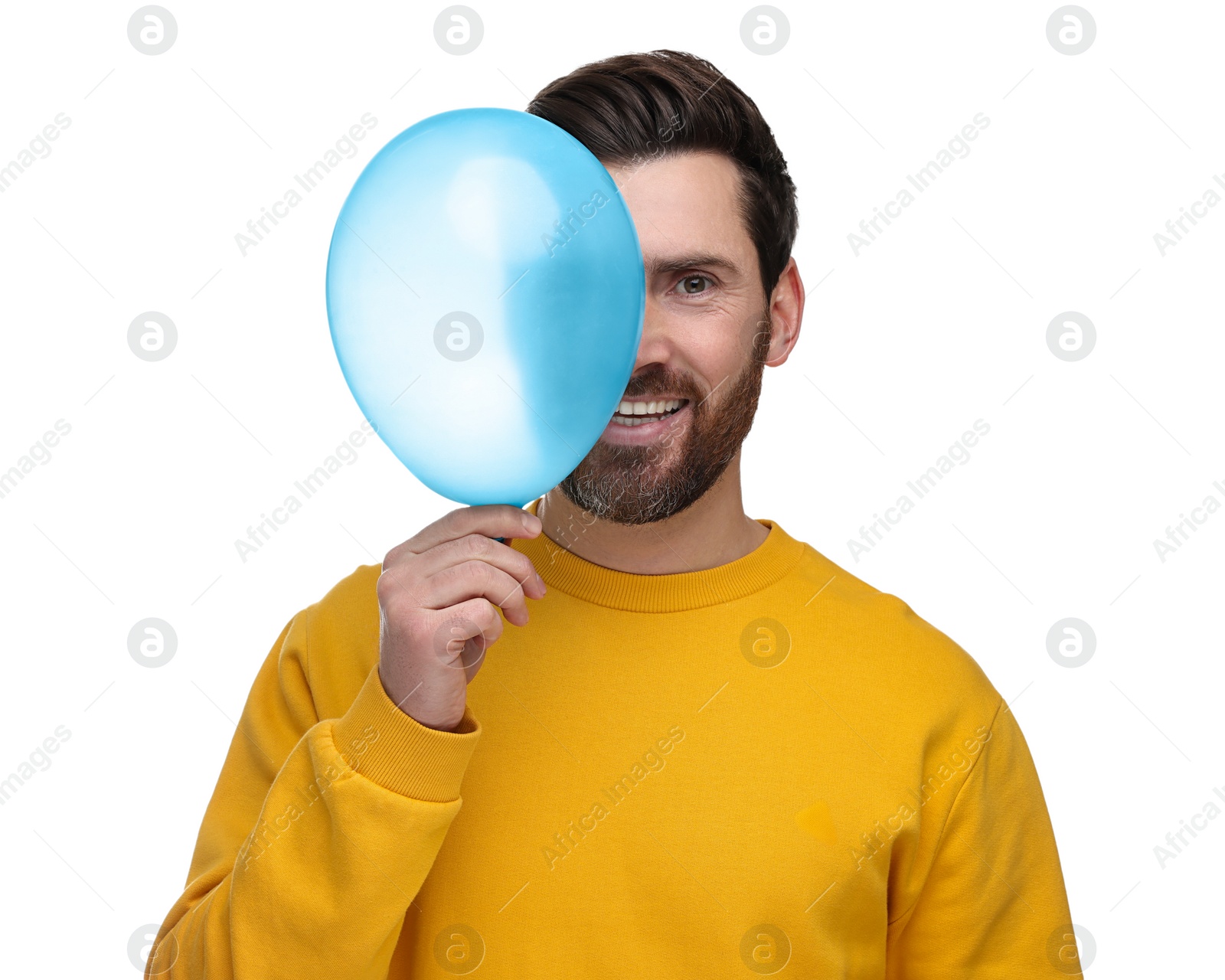 Photo of Happy man with light blue balloon on white background