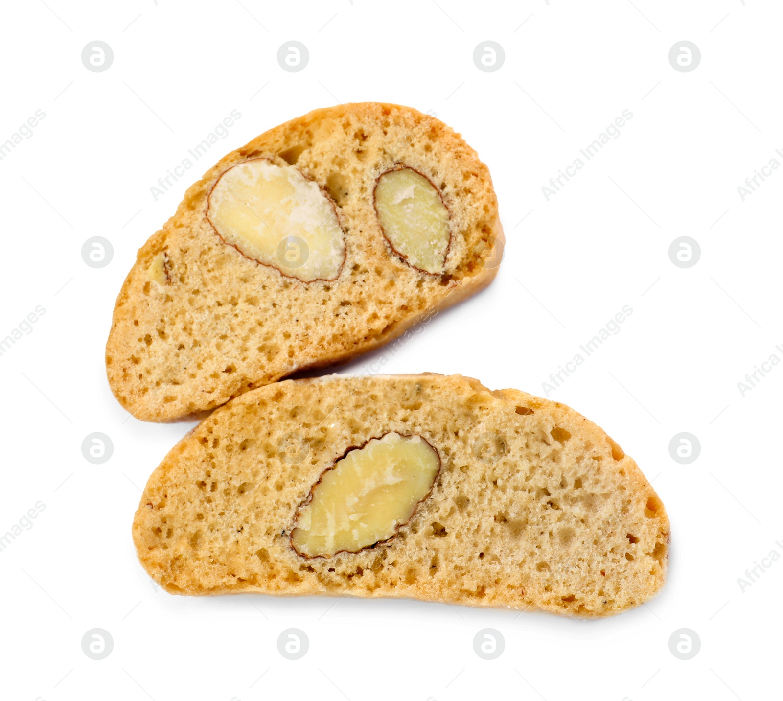 Photo of Slices of tasty cantucci on white background, top view. Traditional Italian almond biscuits