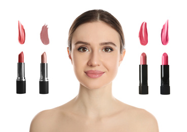 Beautiful woman and professional cosmetic products on white background. Makeup artist