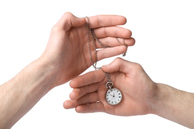 Photo of Man holding chain with elegant pocket watch on white background, closeup