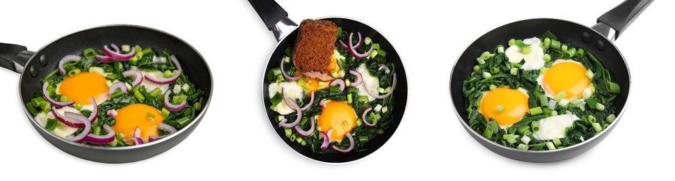 Delicious shakshuka in frying pans isolated on white, set