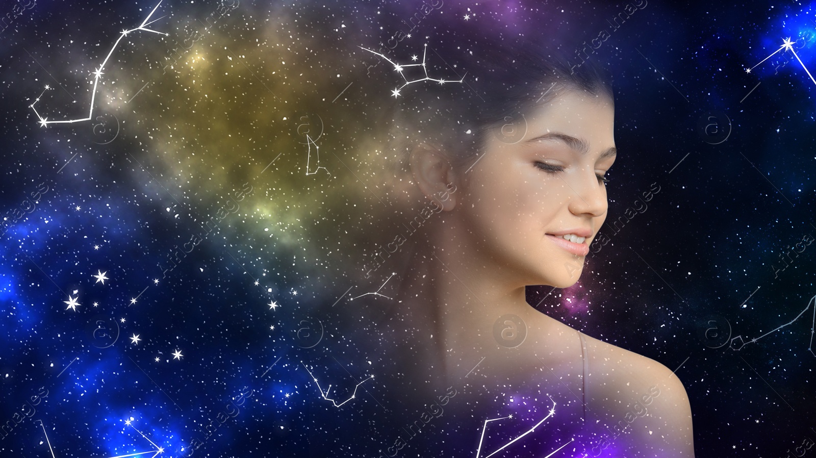 Image of Double exposure of beautiful woman and starry sky with constellations. Astrology concept