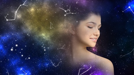 Image of Double exposure of beautiful woman and starry sky with constellations. Astrology concept