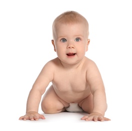 Cute little baby crawling on white background