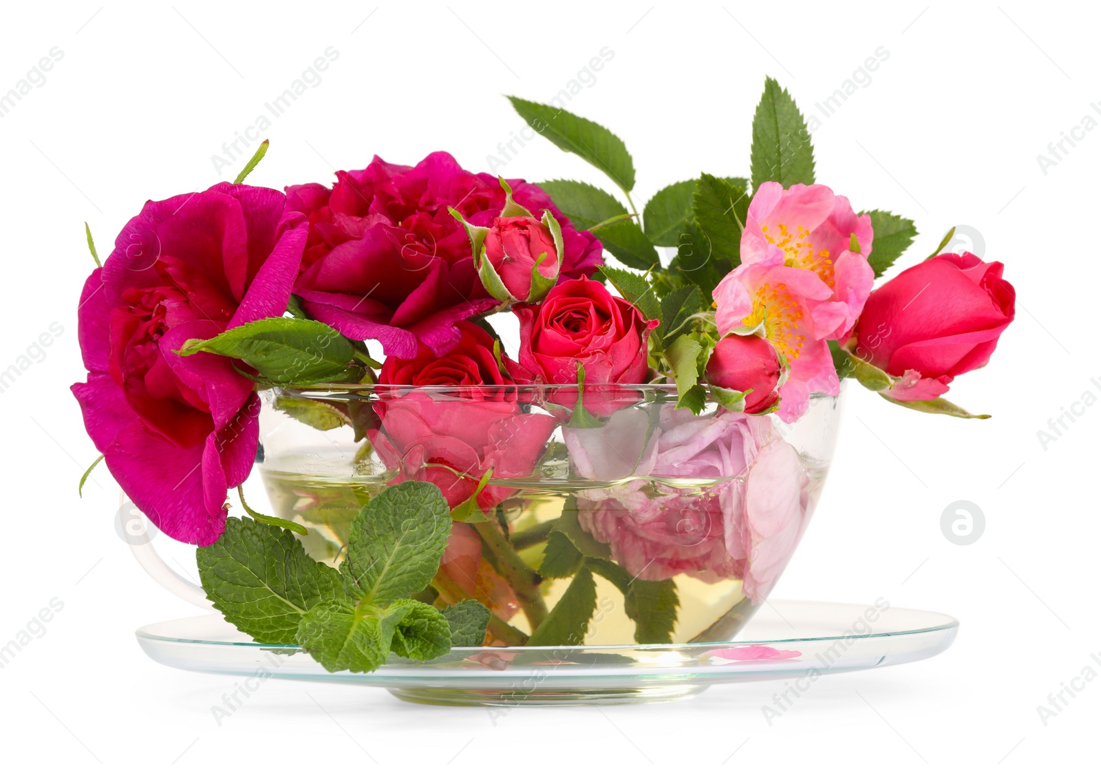 Photo of Aromatic herbal tea in glass cup with different flowers isolated on white