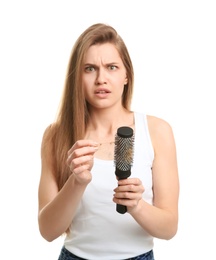 Photo of Young woman with hair loss problem on white background