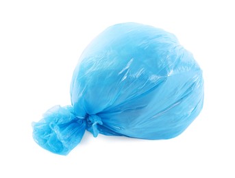 Photo of Blue plastic garbage bag isolated on white