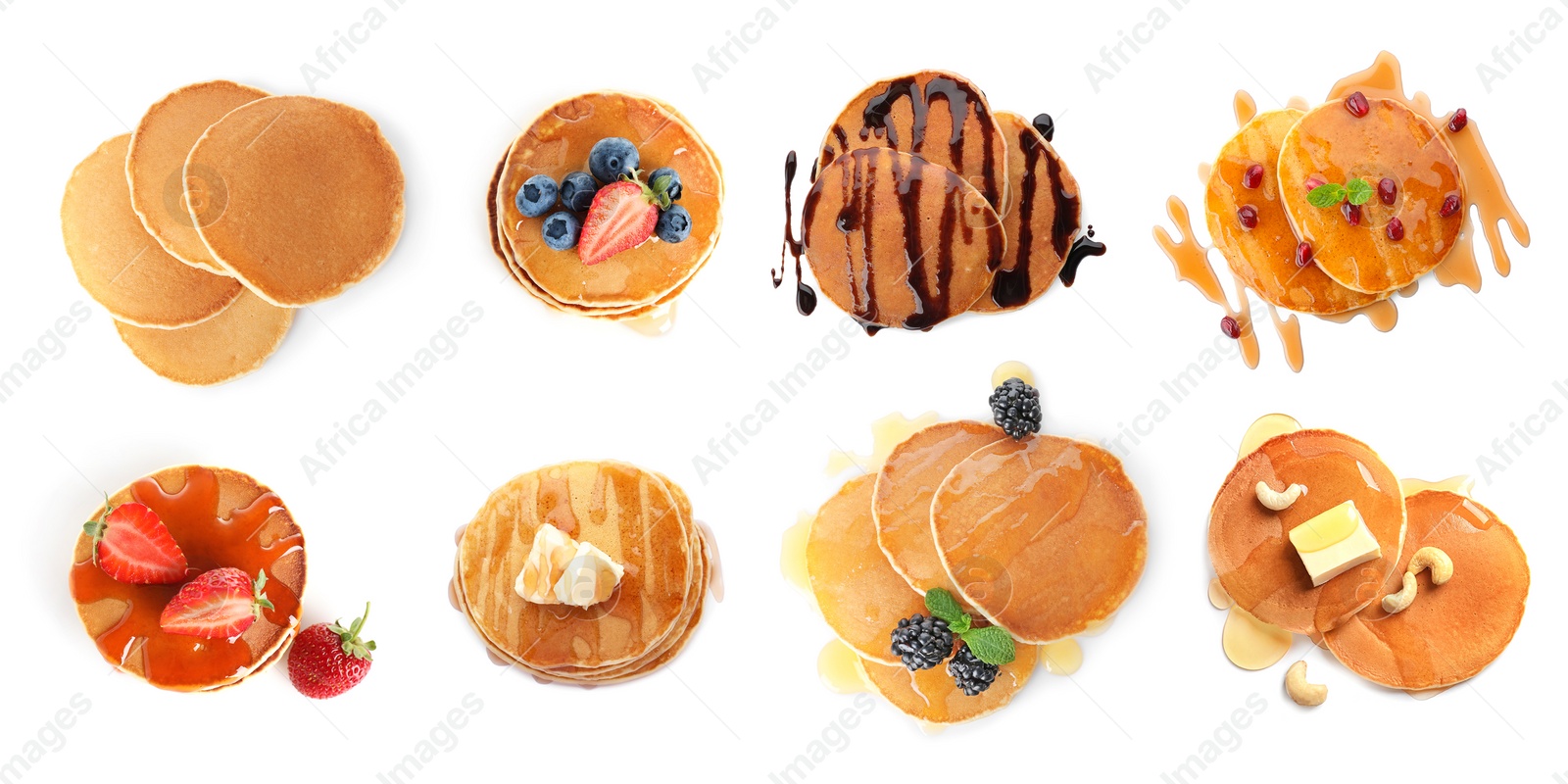 Image of Set of delicious pancakes with different toppings on white background, top view. Banner design 