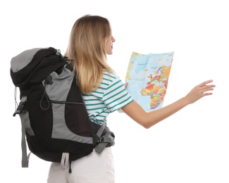 Photo of Woman with map and backpack on white background. Summer travel