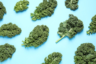 Photo of Fresh kale leaves on light blue background, flat lay