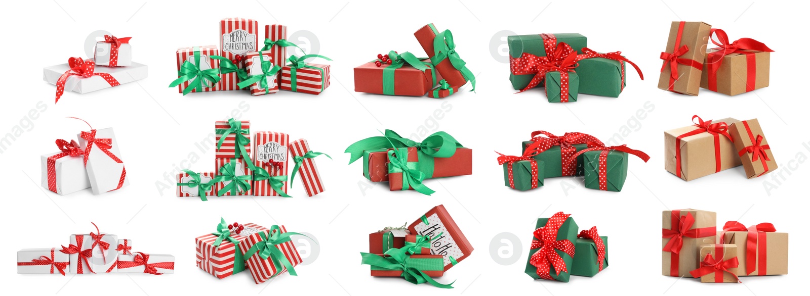 Image of Set of different Christmas gift boxes on white background. Banner design 